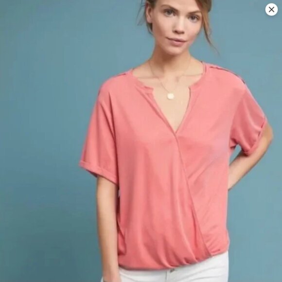 Saturday Sunday by Anthropologie Coral Pink Ribbed Amy Surplice top size S - Picture 1 of 7